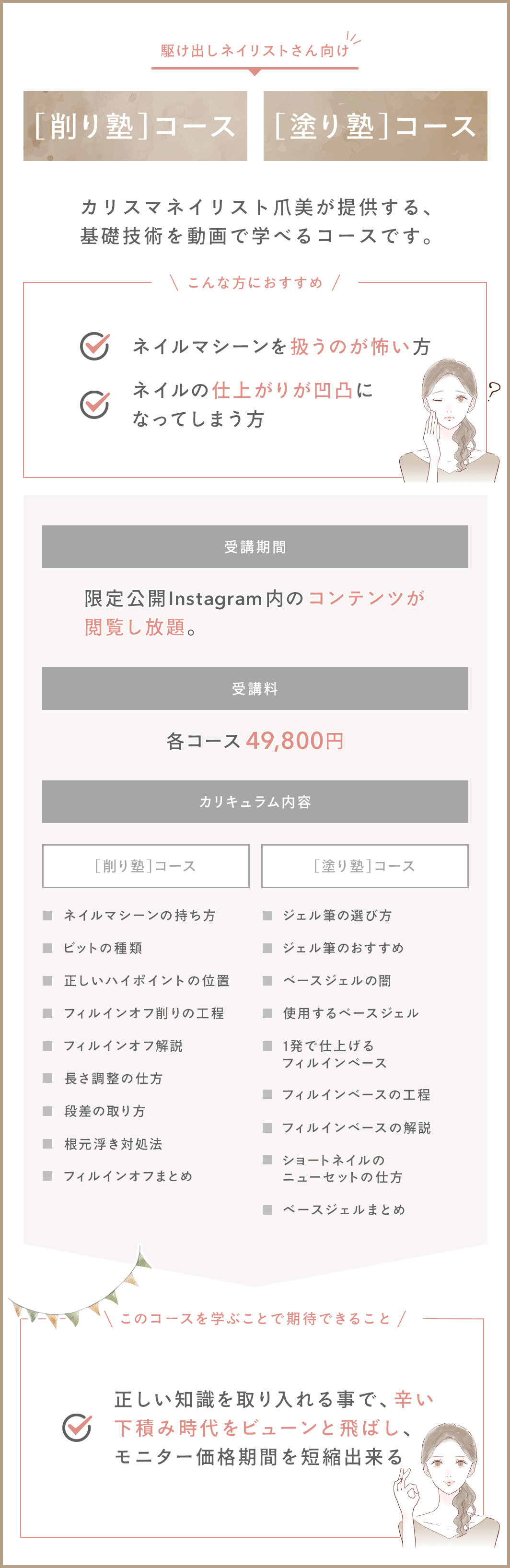 削り塾コース、塗り塾コースはカリスマネイリスト爪美が提供する基礎技術を動画で学べるコースです。フィルインの基本、ネイルマシーンの持ち方、ハイポイントを形成するベースの作り方などが学べます。