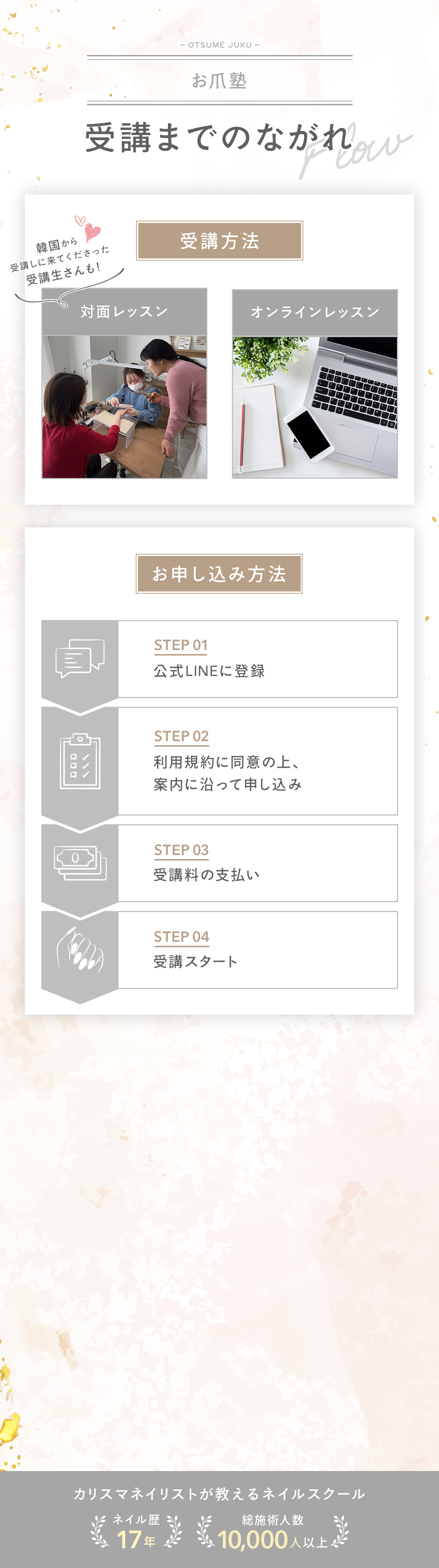 お爪塾受講の流れは「STEP1　公式LINEに登録」「STEP2　利用規約に同意の上案内に沿って申し込み」「STEP3　受講料の支払い」「STEP4　受講スタート」となります。